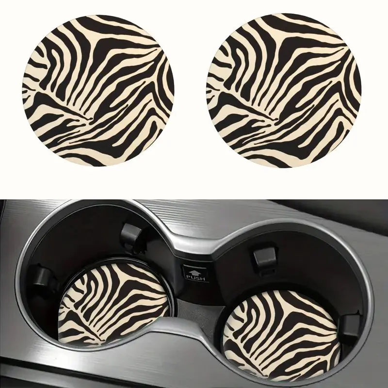 2D Flat 2pcs Zebra Texture Car Cup Coasters, Stylish Vehicle Accessories, Perfect Gift for Halloween Thanksgiving and Christmas, 2D Flat