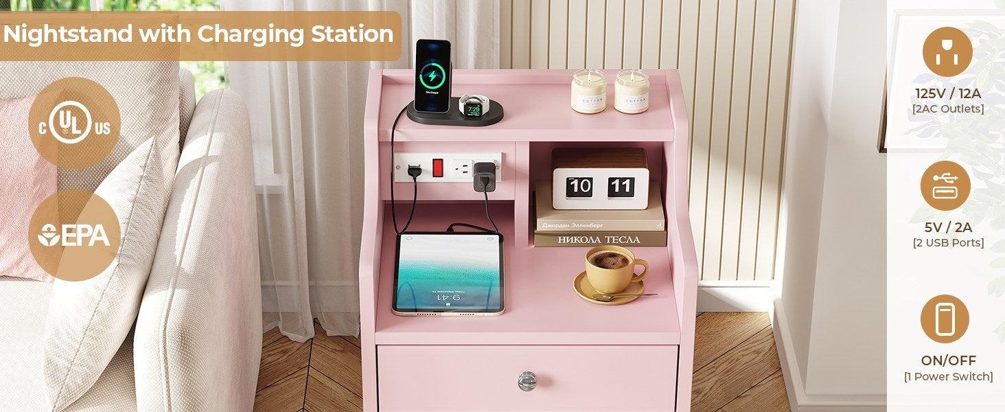 Sikaic Nightstand with Charging Station Storage Drawers Pink Bedroom Table Modern Dressing Table Bedside Cabinet Sikaic Nightstand with Charging Station Storage Drawers Pink Bedroom Table Modern Dressing Table Bedside Cabinet