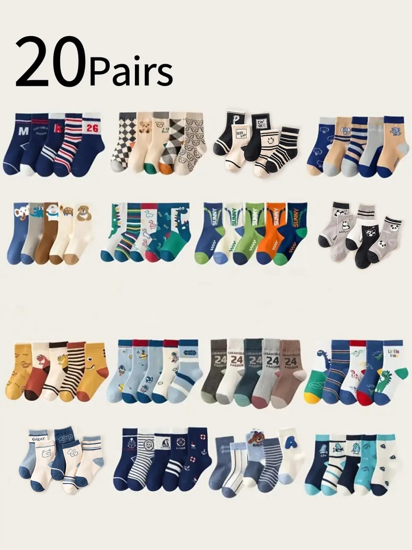 20 Pairs Cartoon Crew Socks, Fun Socks, Unisex Mid-Calf Sports Socks, Breathable Casual Knit Socks for All Seasons, Random Designs, Ideal for Daily Wear