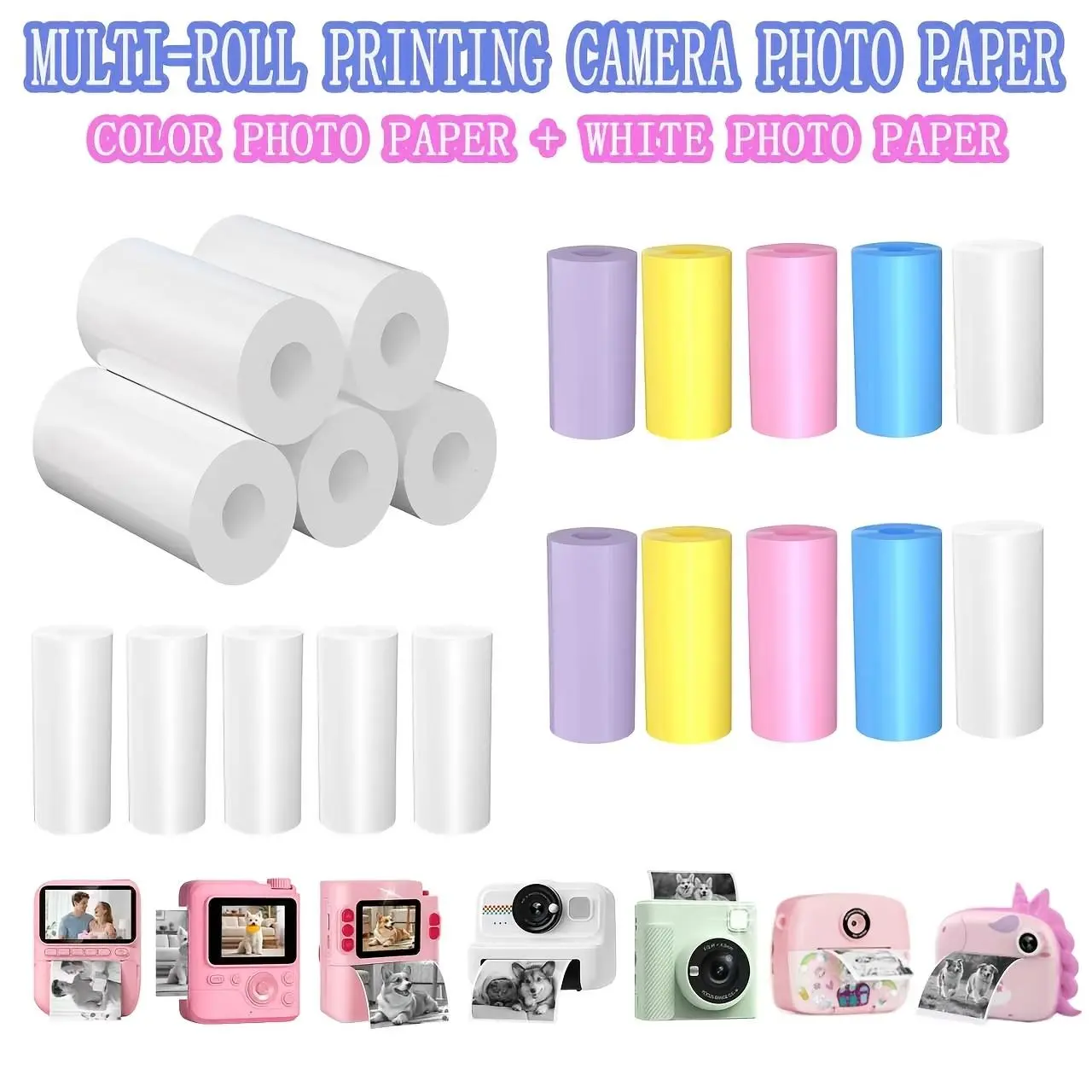 57mm Thermal Photo Paper Rolls, Mixed White & Multi-Color Instant Printer Refill Paper, Smudge-Free Clear Printing Paper, 10 Rolls / 20 Rolls Bulk Replacement Rolls Compatible with All Standard Instant Photo & Pocket Mini Printers for Photo Printing, Jour