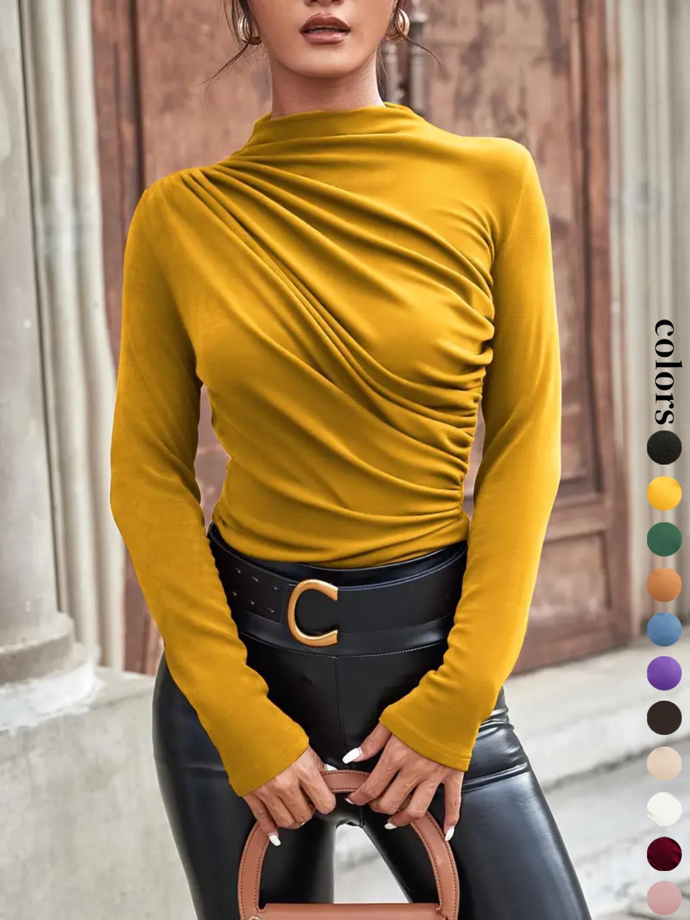 Women's Plain Ruched Mock Neck Tee, Casual Long Sleeve T-Shirt for Daily Wear, Ladies Clothes for All Seasons