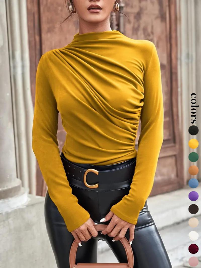 Women's Plain Ruched Mock Neck Tee, Casual Long Sleeve T-Shirt for Daily Wear, Ladies Clothes for All Seasons