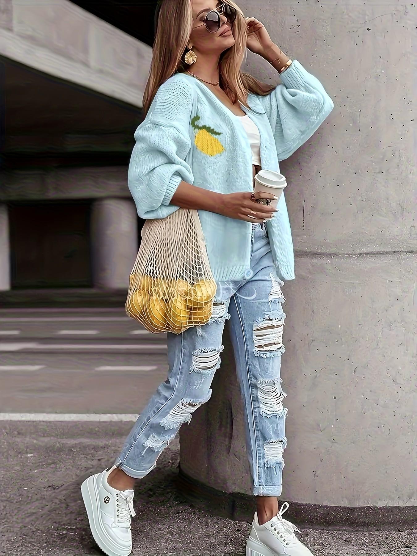 Women's Cute Lemon Pattern Loose Fit Knit Cardigan, Graphic Sweater Top, Long-Sleeve V-Neck Front Button Sweater, Vintage Y2K Sweet Casual Tops, Knitwear