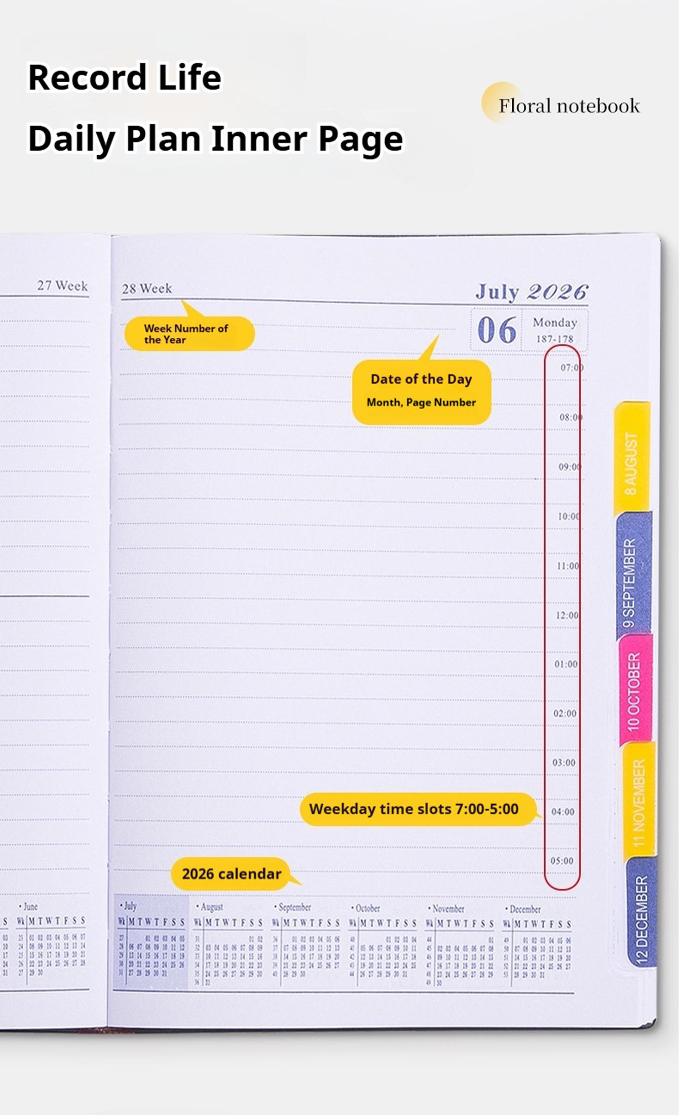 A5 PU Leather Cover Notebook, Weekly & Monthly Planner Diary, School Agenda Organizer, Learning Office Supplies, Multilingual Inner Pages