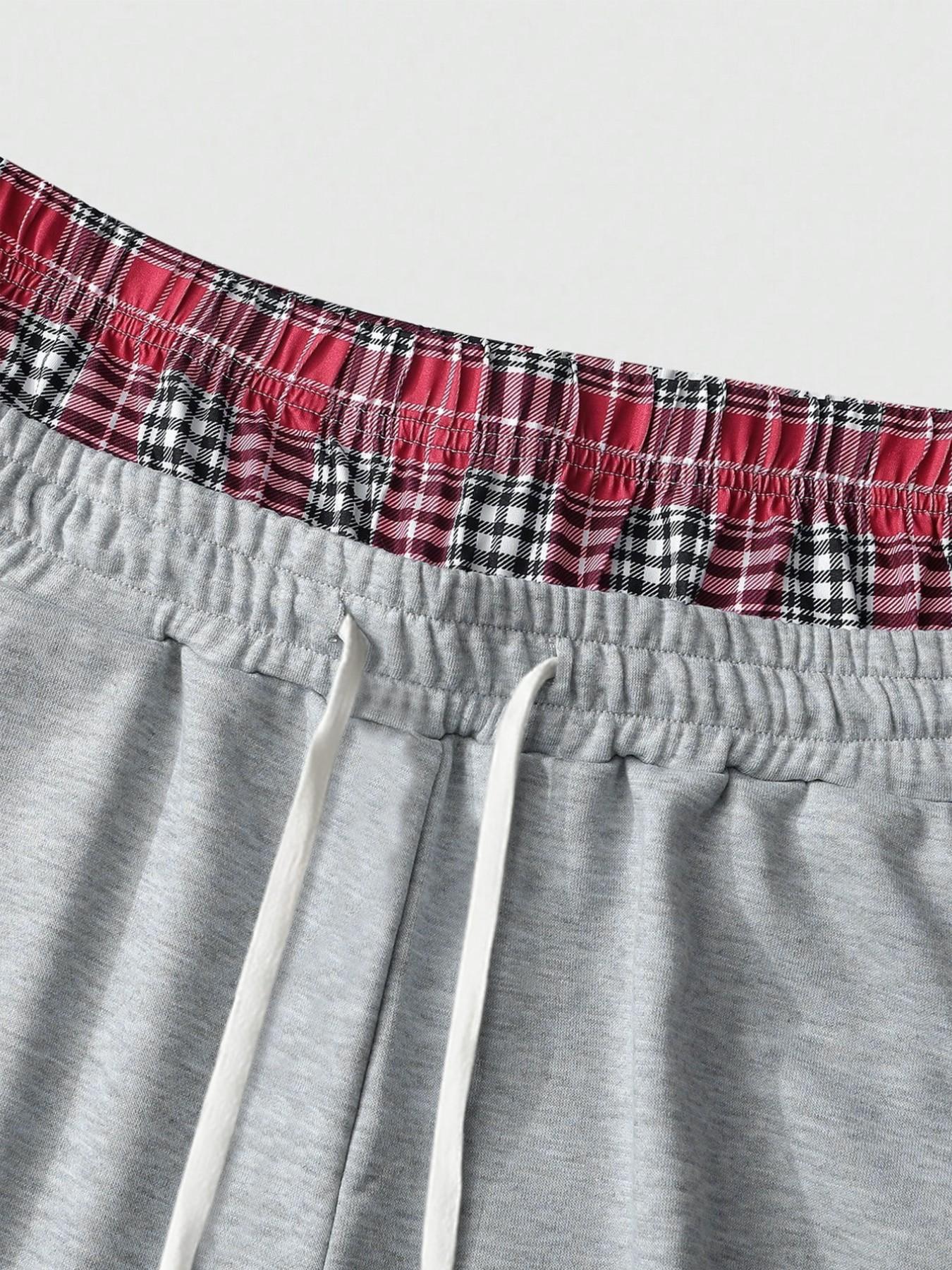 1 Piece Men's Baggy Sweatpants High Street Y2K Grunge Layered Plaid Waistband Wide Leg Drawstring Trousers Male Skateboard Casual Pants Grey