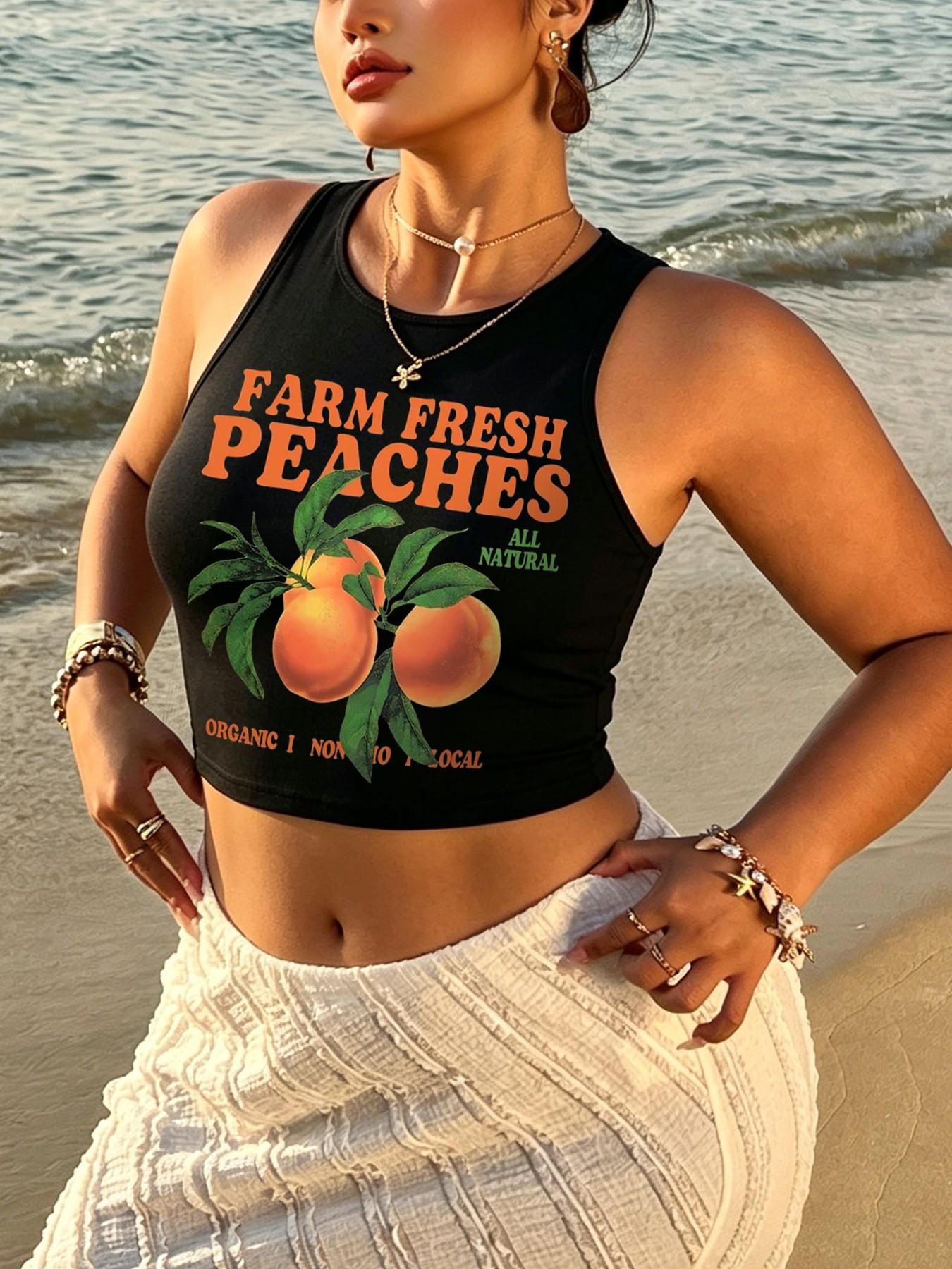Women's Y2K Peach Print Short Sleeveless Top, Vintage Street Style, Fitted H-Type, Casual All-Season, Perfect for Summer
