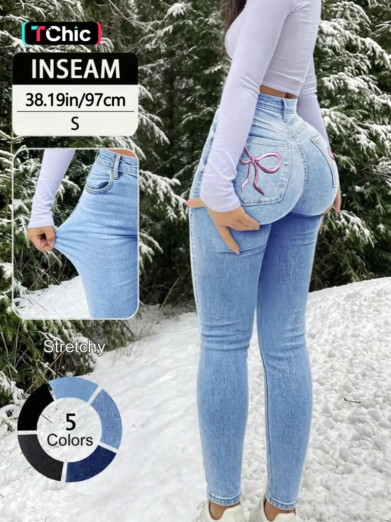 Elegant Women's High Waist Slimming Jeans, Embroidered Bow Design, Elastic Skinny Fit, All Seasons Fashionable Denim Jeans, Denim High Rise