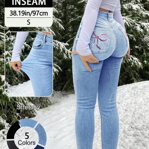 Elegant Women's High Waist Slimming Jeans, Embroidered Bow Design, Elastic Skinny Fit, All Seasons Fashionable Denim Jeans, Denim High Rise