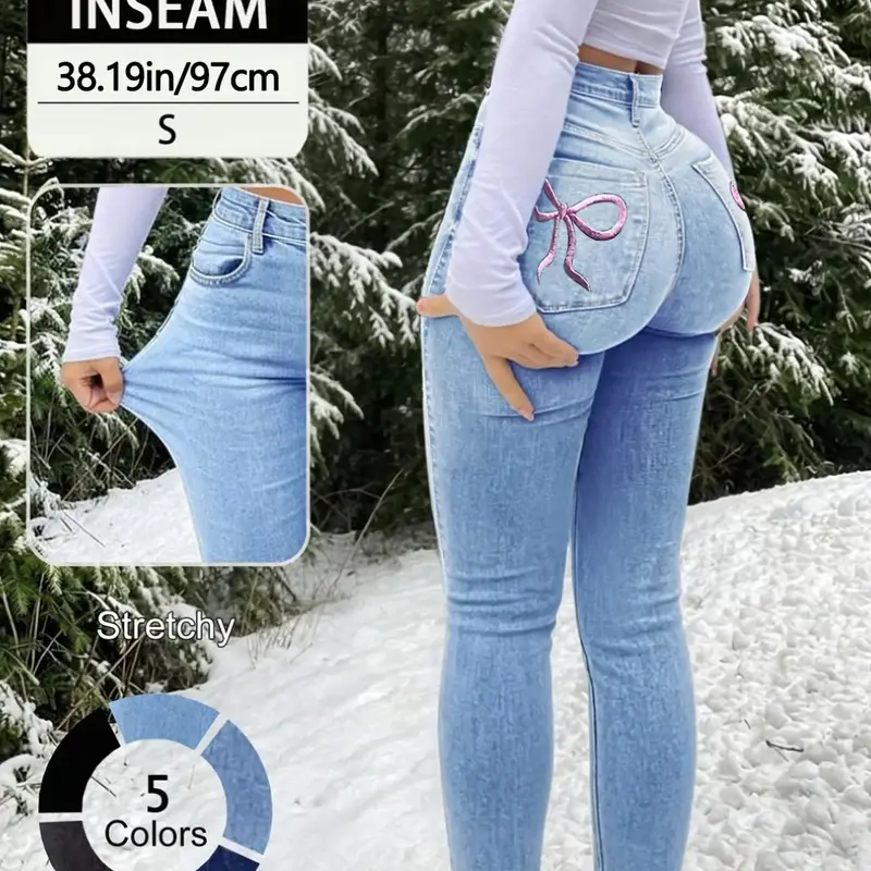 Elegant Women's High Waist Slimming Jeans, Embroidered Bow Design, Elastic Skinny Fit, All Seasons Fashionable Denim Jeans, Denim High Rise