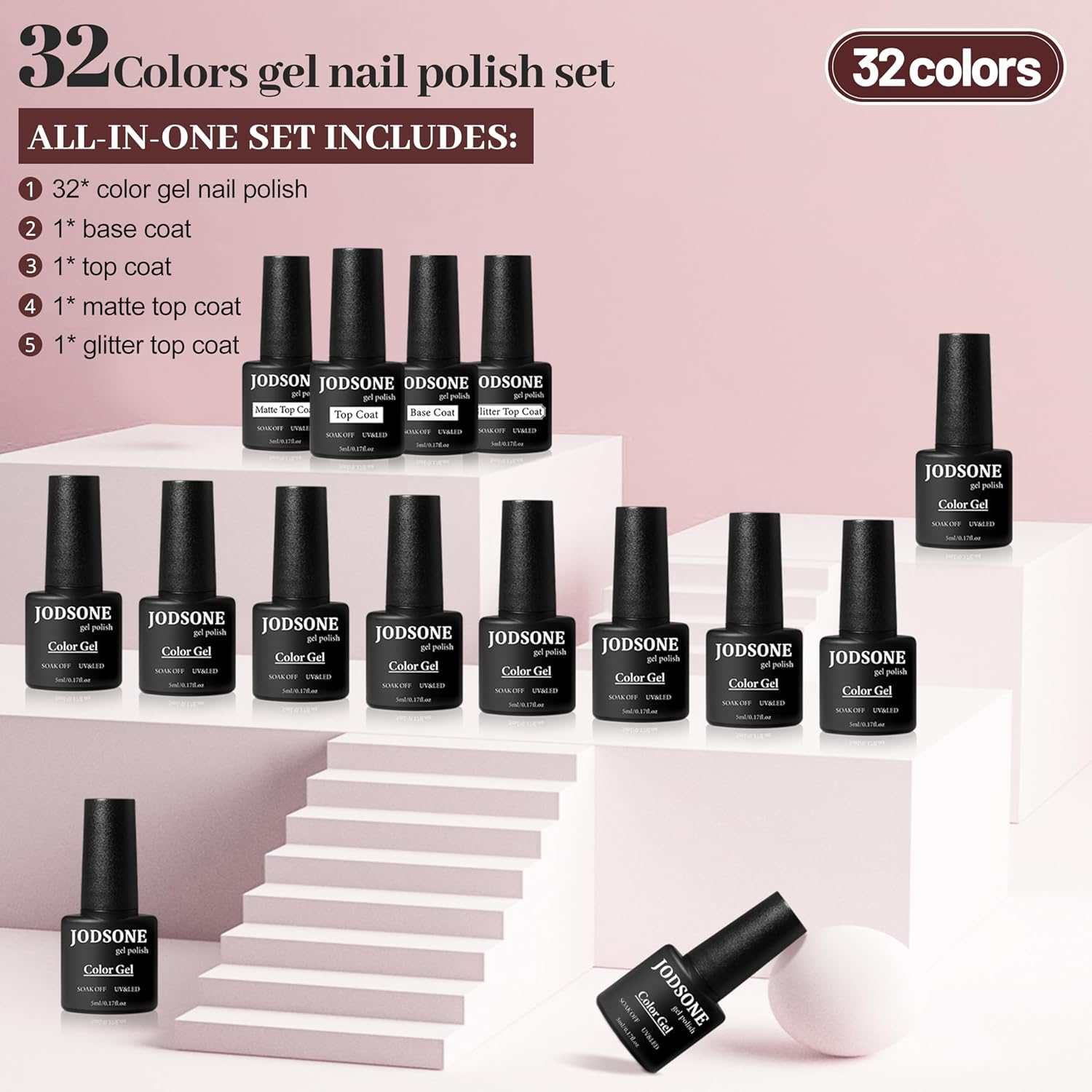 JODSONE 36 PCS Gel Nail Polish Set with 32 Colors Gel polish Kit Base Coat No Wipe Matte GlossyTop Coat Nail Polish Set Green Blue Red Pink Summer nail Collection Gifts for Women