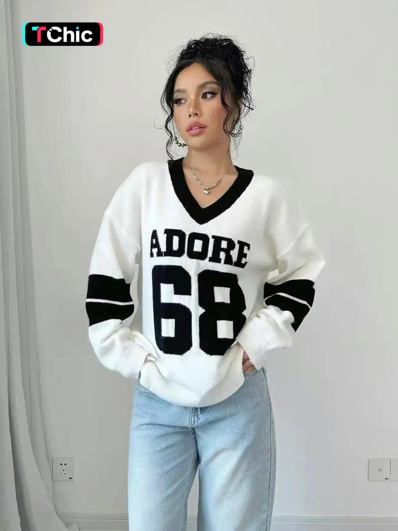 Autumn Winter Color Block V Neck Sweater for Women, Womenswear Casual Loose Knitwear with Letter Design, Trendy Streetwear, Comfortable Long Sleeve Sweatshirt, Tops