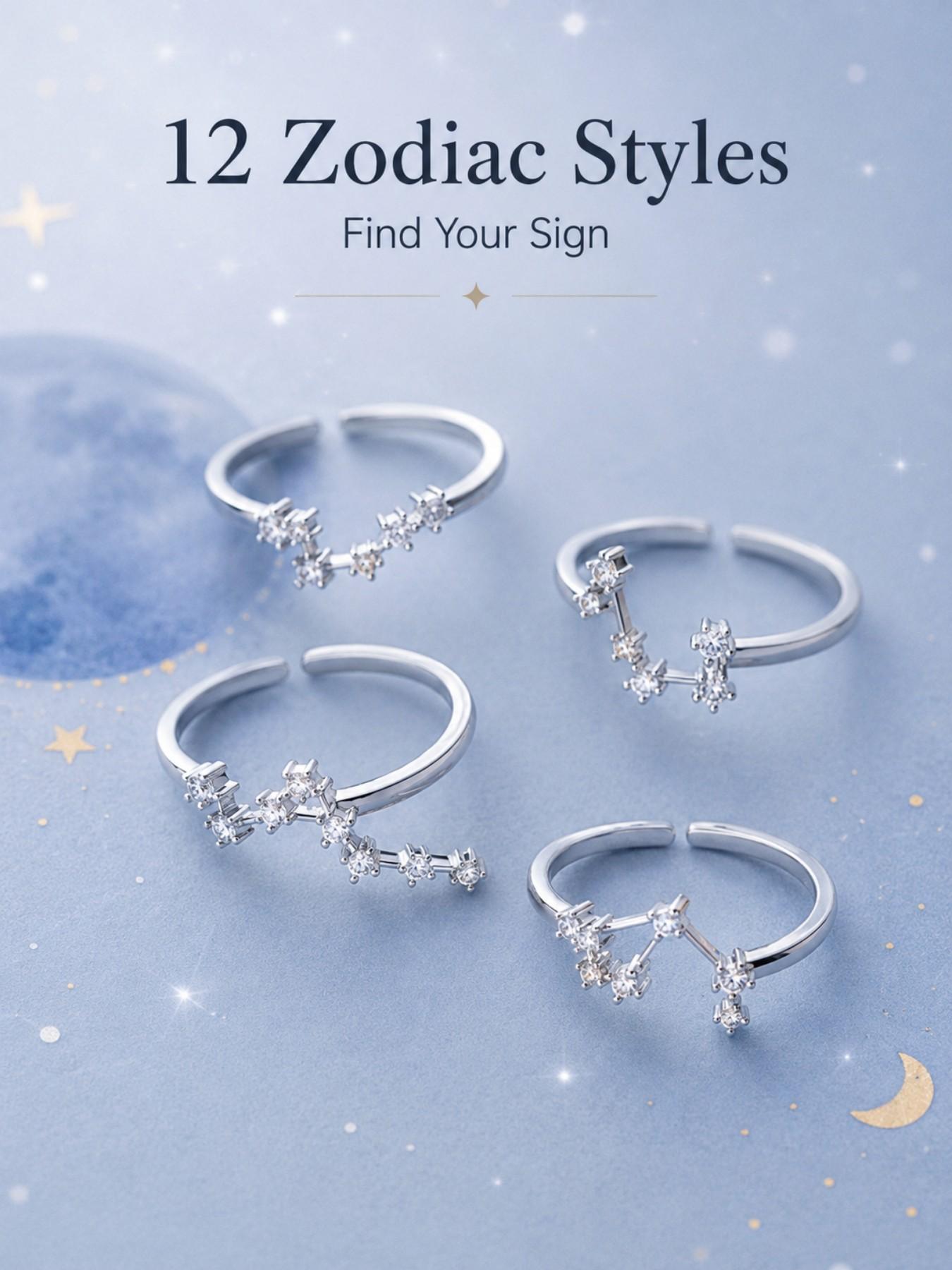 12 Zodiac Constellation Rings Set, Adjustable Open Star Sign Rings, Silver Tone Astrology Jewelry for Women, Fashion Ring