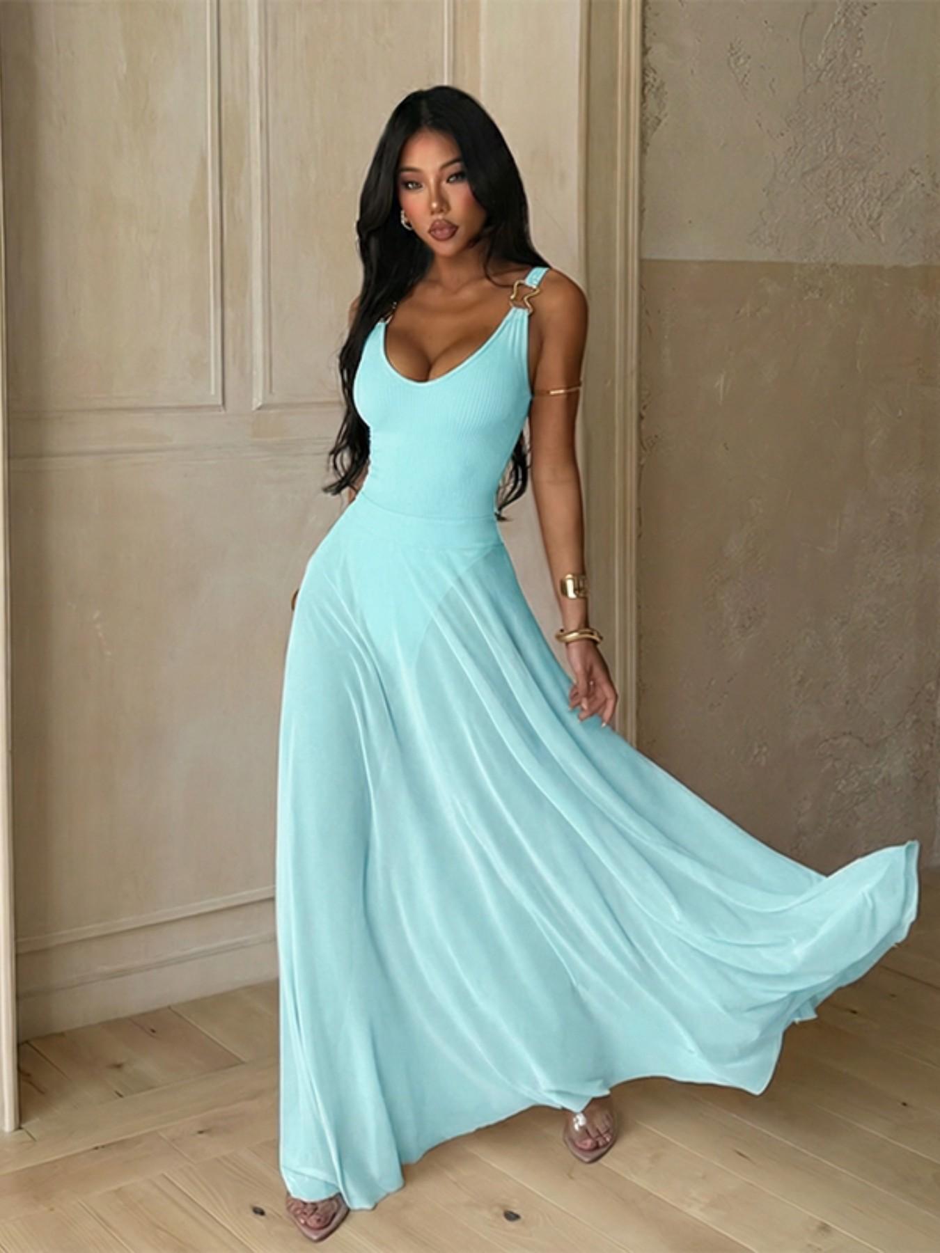 Women's Plain Minimalist Deep V Neck Tulle Sheer Cami Lightweight Fit Dress, Elegant Chic Sleeveless Maxi Women's Plain Minimalist Deep V Neck Tulle Sheer Cami Lightweight Fit Dress, Elegant Chic Sleeveless Maxi
