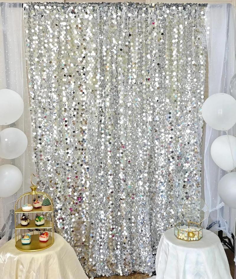 GLITZ HAPPY Silver Sequin　Backdrop 8 ft x 9 ft Shiny Wall Backdrop  for Birthday Christmas Wedding Parties Hanging Glitter Photo Studio Backdrop with 4 Inch Rod Pocket