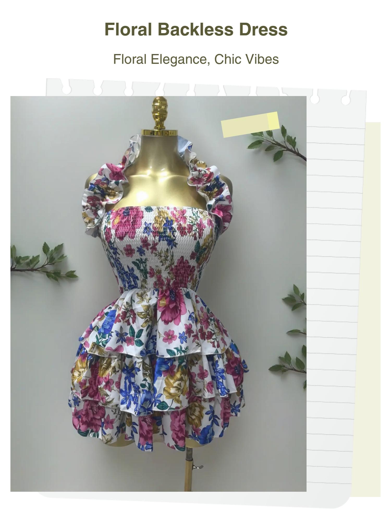 PULKRITU Elegant Women Sweet Sexy Club Party Outfit Dress, Women's Floral Print Backless Strapless Layered Ruffle Mini Prom Dress,Lady Casual Dresses,Female Brunch Dresses,Graduation Dress, Floral Evening Dress