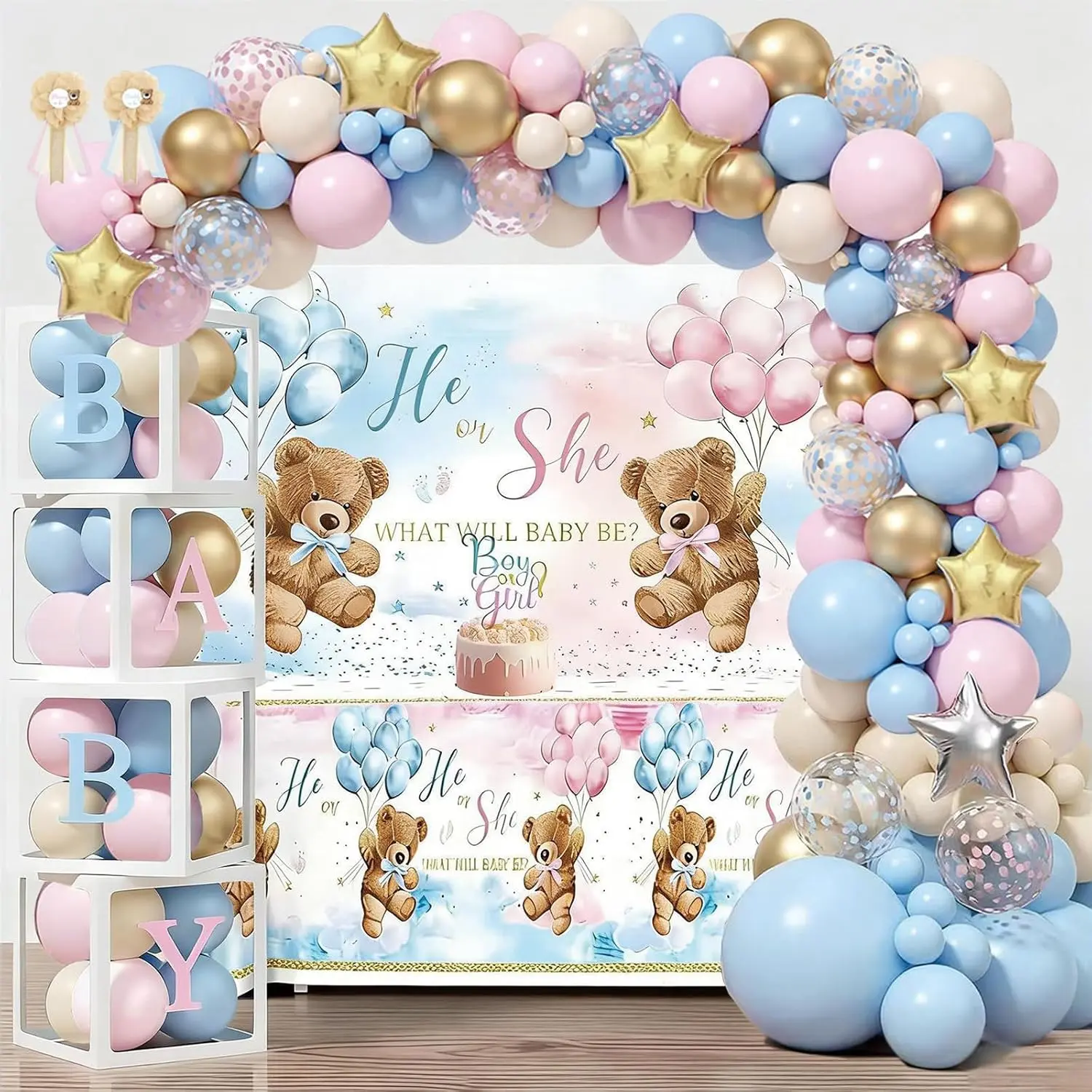 Decorations-140Pcs,  Box / And Blue Balloons Arch Kit/Mom & Dad-to-Be Pin/He Or She backdrop,  for Boy or Girl  shower decorations