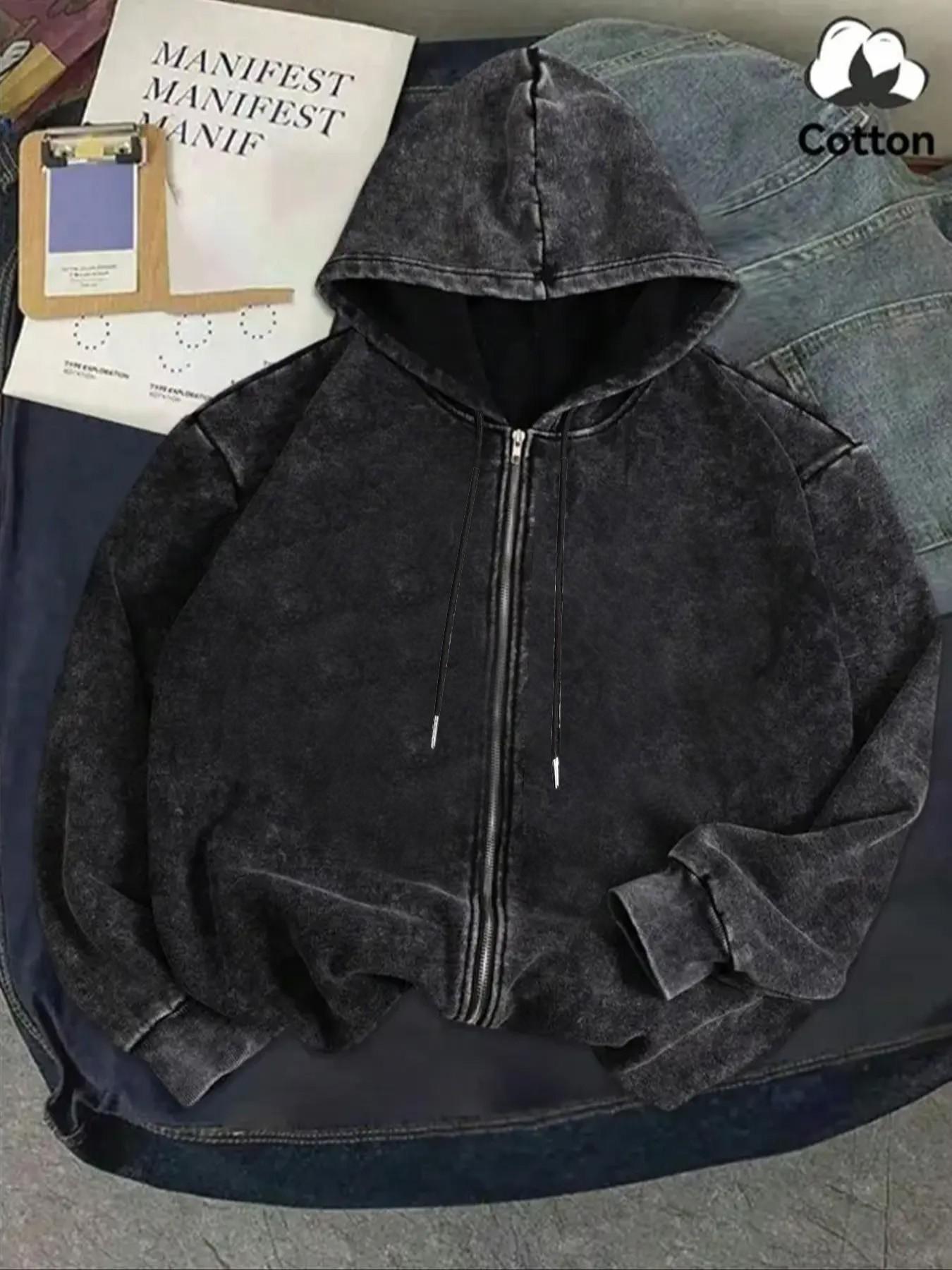 Y2K Rock Wash Full Zip Hoodie, Gothic Cross and Tribal Thorn