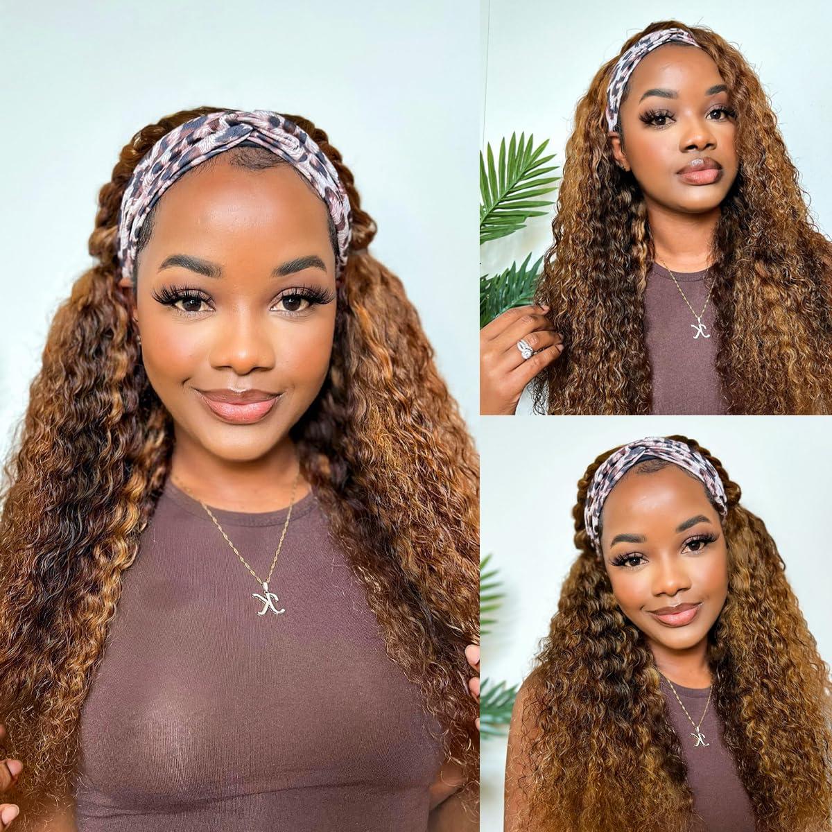 Highlight 4/27 Deep Curly Headband Wig Human Hair Glueless None Lace Wigs 180% Density Scarf Wig No Gel No Glue Full Machine Made Human Hair Wigs Wear And Go Curly Wigs for Women