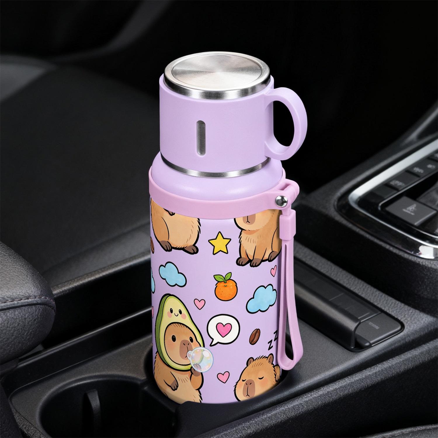 1PC, 20oz Insulated Stainless Steel Water Bottle, Vacuum Flask with Cup Lid That Doubles as Handle Cup, Double Wall Insulated Travel Mug, Cute Capybara Aesthetic Design, Portable for Outdoor Hiking Gym, School Office