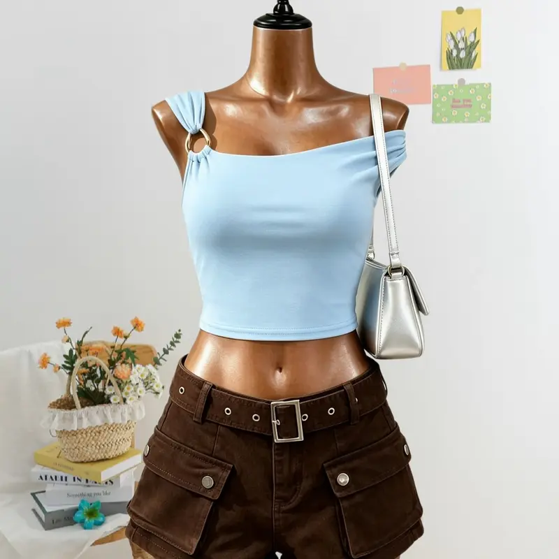 European Style Women's Metal Button Asymmetrical Neck Tank Top, Slim Fit, Sexy Design, Plain Color, Trendy Fashion Top, Solid