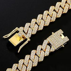 Cuban Link Chain Mens Iced Out Miami Cuban Necklace Silver/Gold Bling Diamond Hip Hop Jewelry for Women