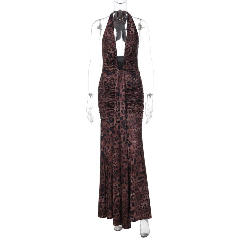 Women Summer Sexy Halter V Neck Backless Leopard Print Bodycon Party Club Evening Long Dress