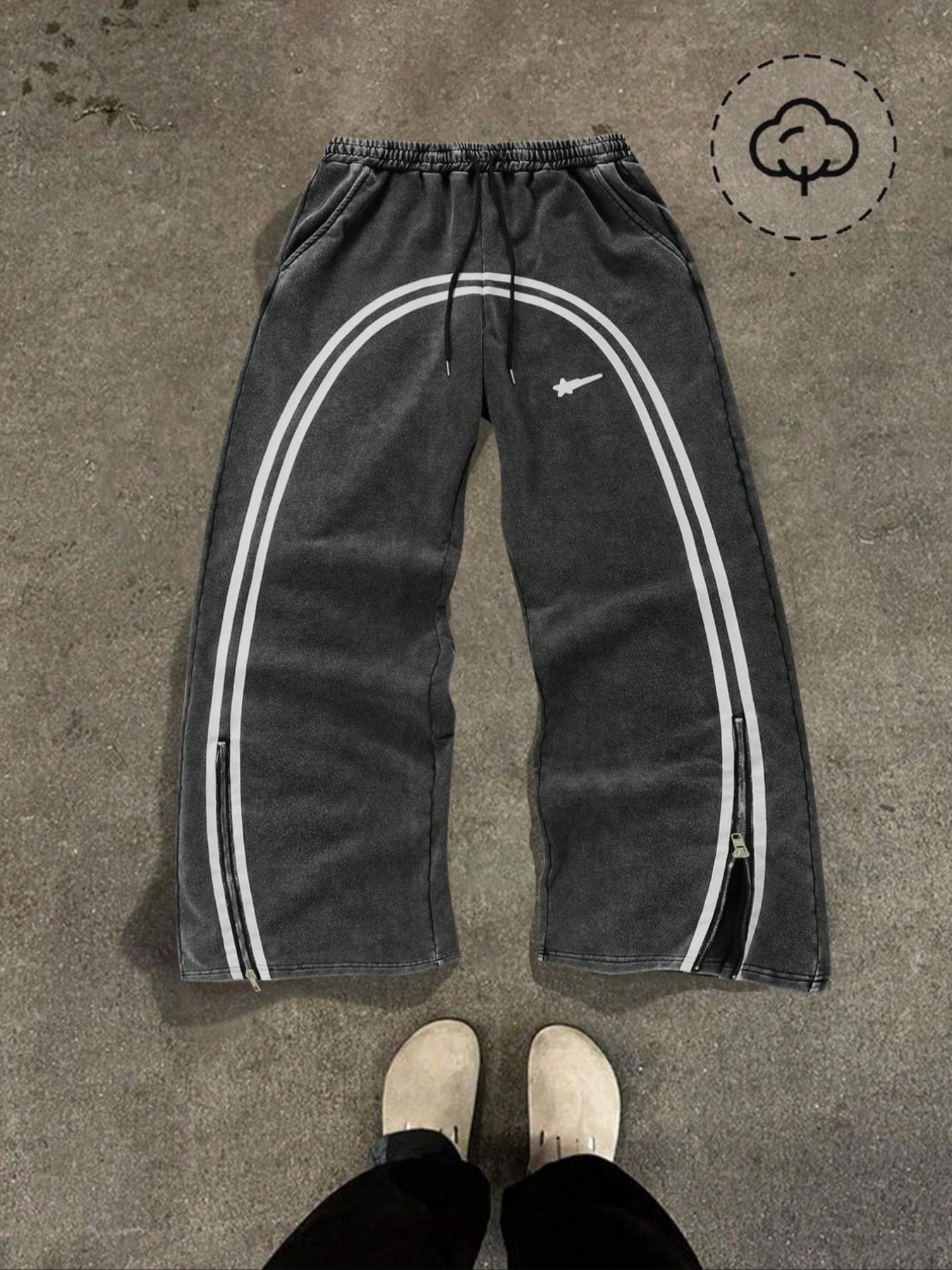 Men's Star & Striped Print Washed Distressed Drawstring Waist Sports Sweatpants, Regular Fit Casual Comfy Fashion Pocket & Zipper Design Pants for Fall & Winter, Sports Bottoms, Casual Athletic Pants, Athleisure Style Bottoms