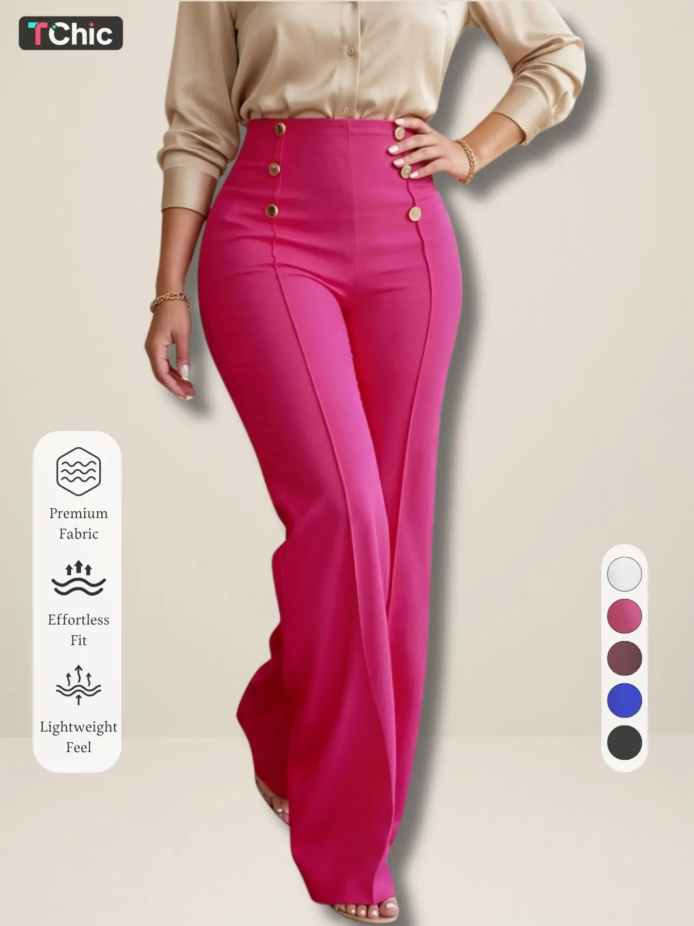 New Arrival Women's Flare Leg Pants, Buttons, High Waist, Elegant Style, Long/regular Length, All Seasons, Business Occasion