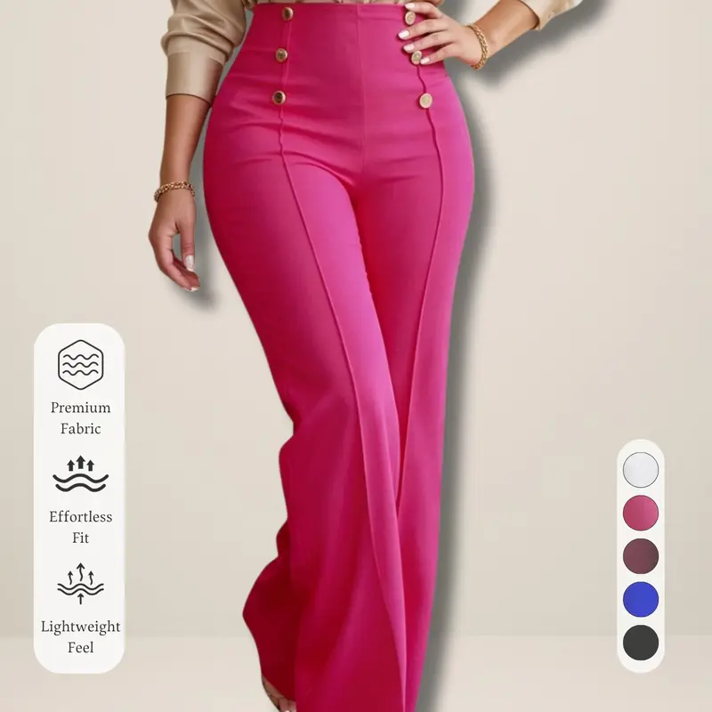 New Arrival Women's Flare Leg Pants Bottoms, Buttons, High Waist, Elegant Style, Long/regular Length, All Seasons, Business Occasion