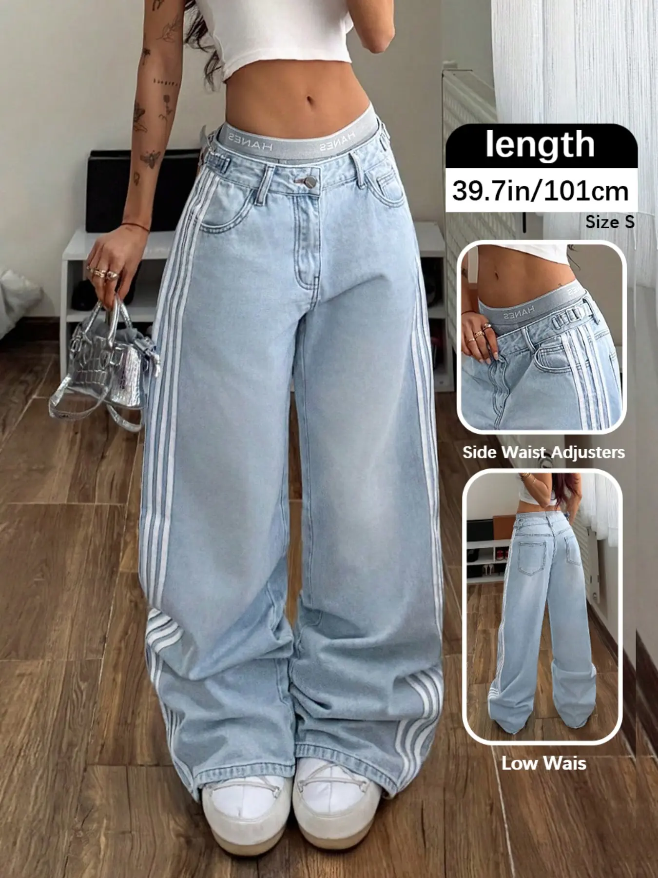 Y2K Retro Women's Denim Jeans, Light Blue Side Stripe Wide Leg Jeans, Low Waist Adjustable Waistband, Loose Fit Floor-Length Straight Pants, Button
