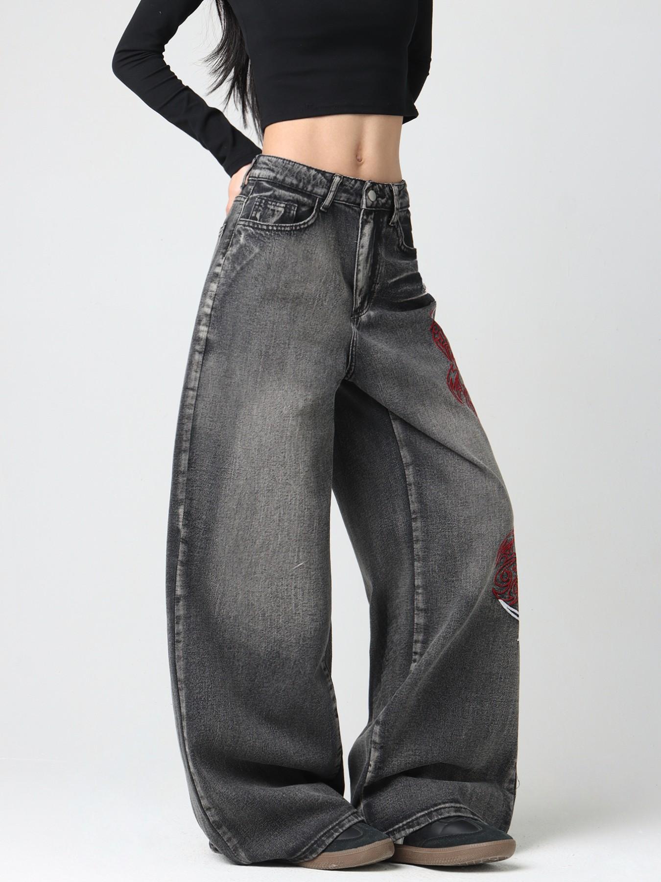 Women's Totem Embroidered Jeans, American Street Style, Comfortable Loose Fit, Trendy Wide Leg Pants, Fashionable All-Season, Casual Comfy Denim, Embroidered Denim Pants, Denim Clothing