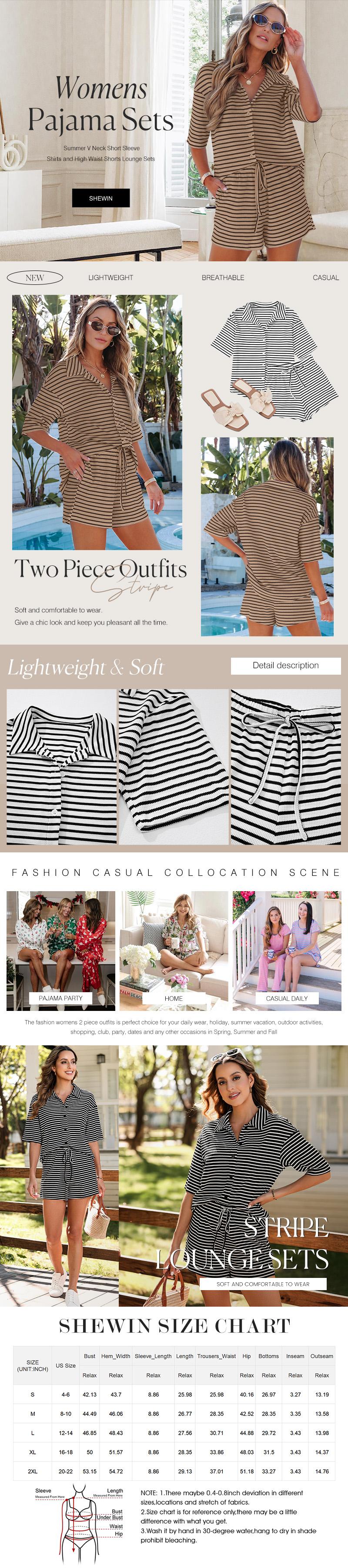 Shewin 2026 Spring/Summer Women's Casual Two-Piece Set Striped Top & Shorts Pajamas Set,Outfits Loose Comfortable Half Sleeves Button Down Lounge Set with Pockets