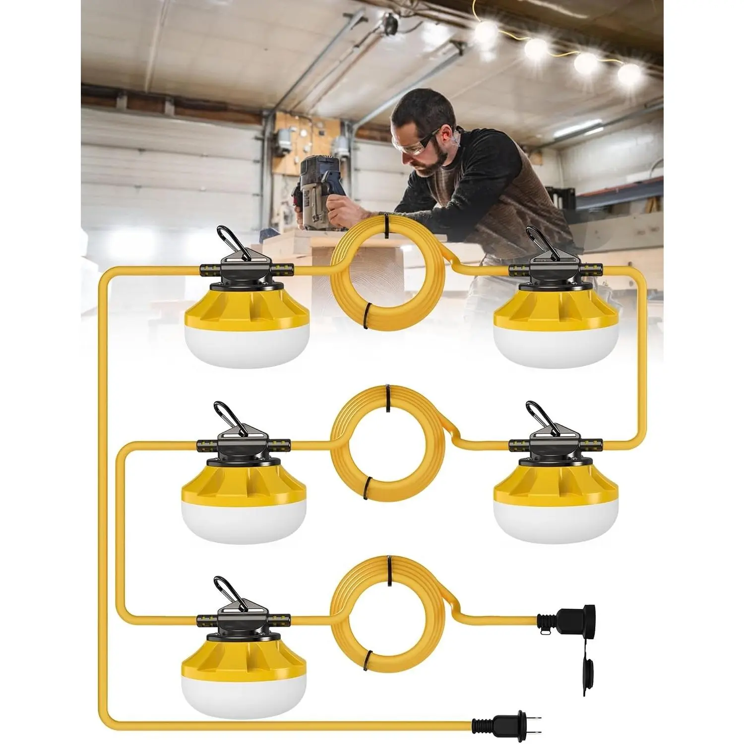 Construction String Lights: 50FT 5 Bulbs Work Lights with Climbing Hooks - IP65 Waterproof Linkable LED Industrial Temporary Lighting for Construction Sites Attic Crawlspace Renovation