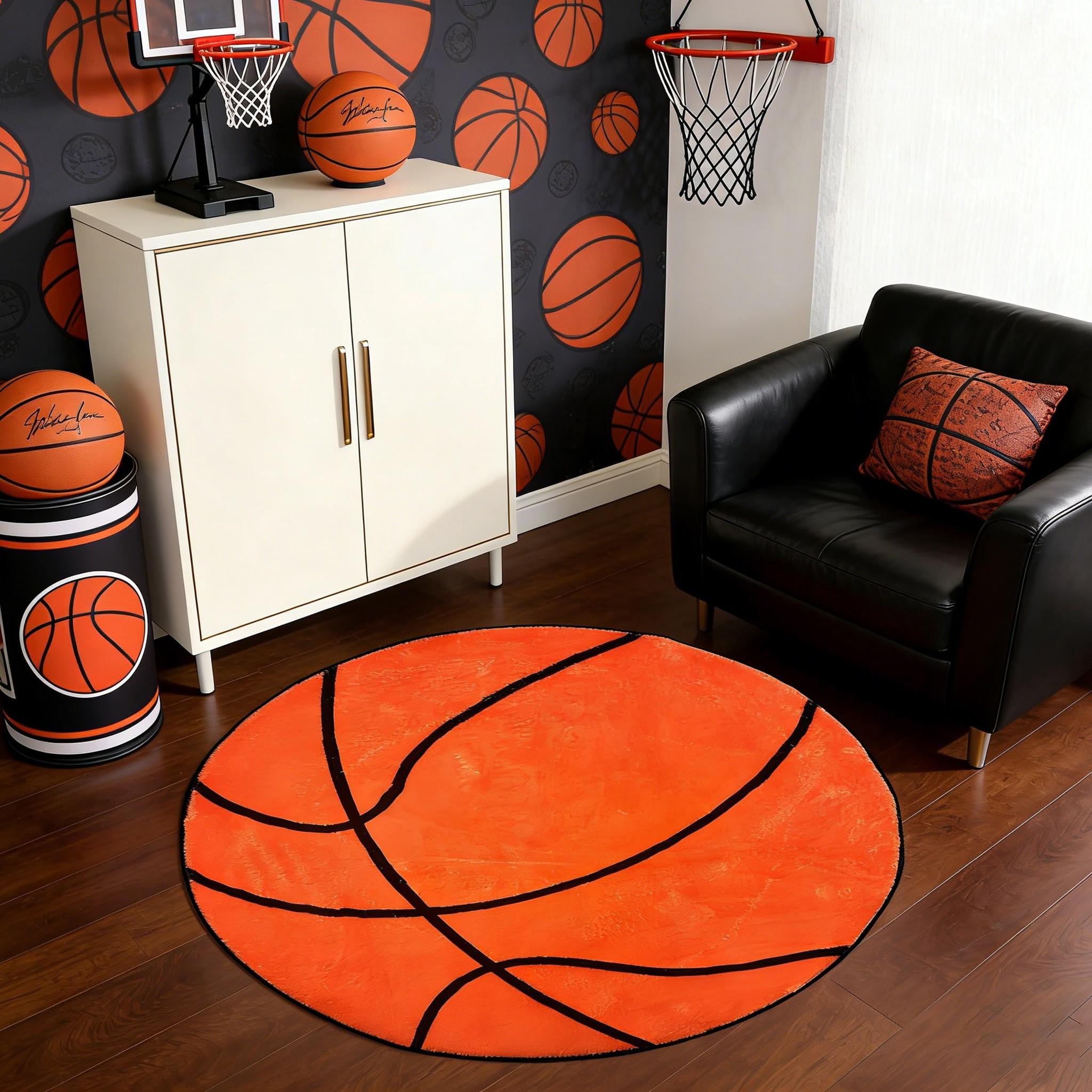 Basketball Lover Carpet, Round Basketball Shaped Mat, Soft Non-Slip Rug, Soft Area Rug, Easy Clean, Indoor Decor for Living Room Bedroom