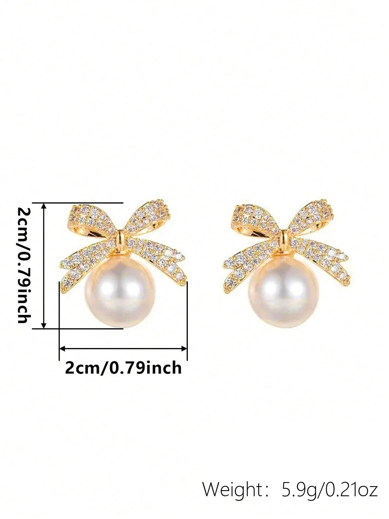 Summer Faux Pearl & Rhinestone Decor Bow Design Dangle High Quality Earrings, Elegant Jewelry for Women for Party, Daily Clothing Decor, Trendy Jewelry As Gift