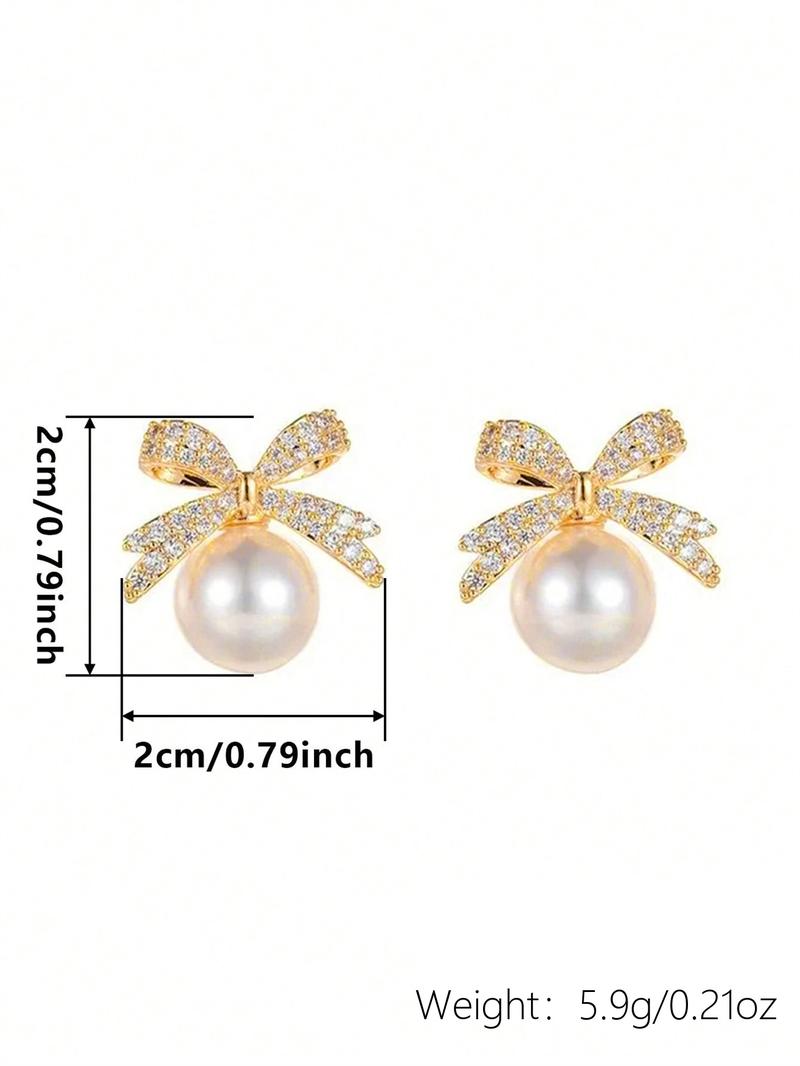 Summer Faux Pearl & Rhinestone Decor Bow Design Dangle High Quality Earrings, Elegant Jewelry for Women for Party, Daily Clothing Decor, Trendy Jewelry As Gift