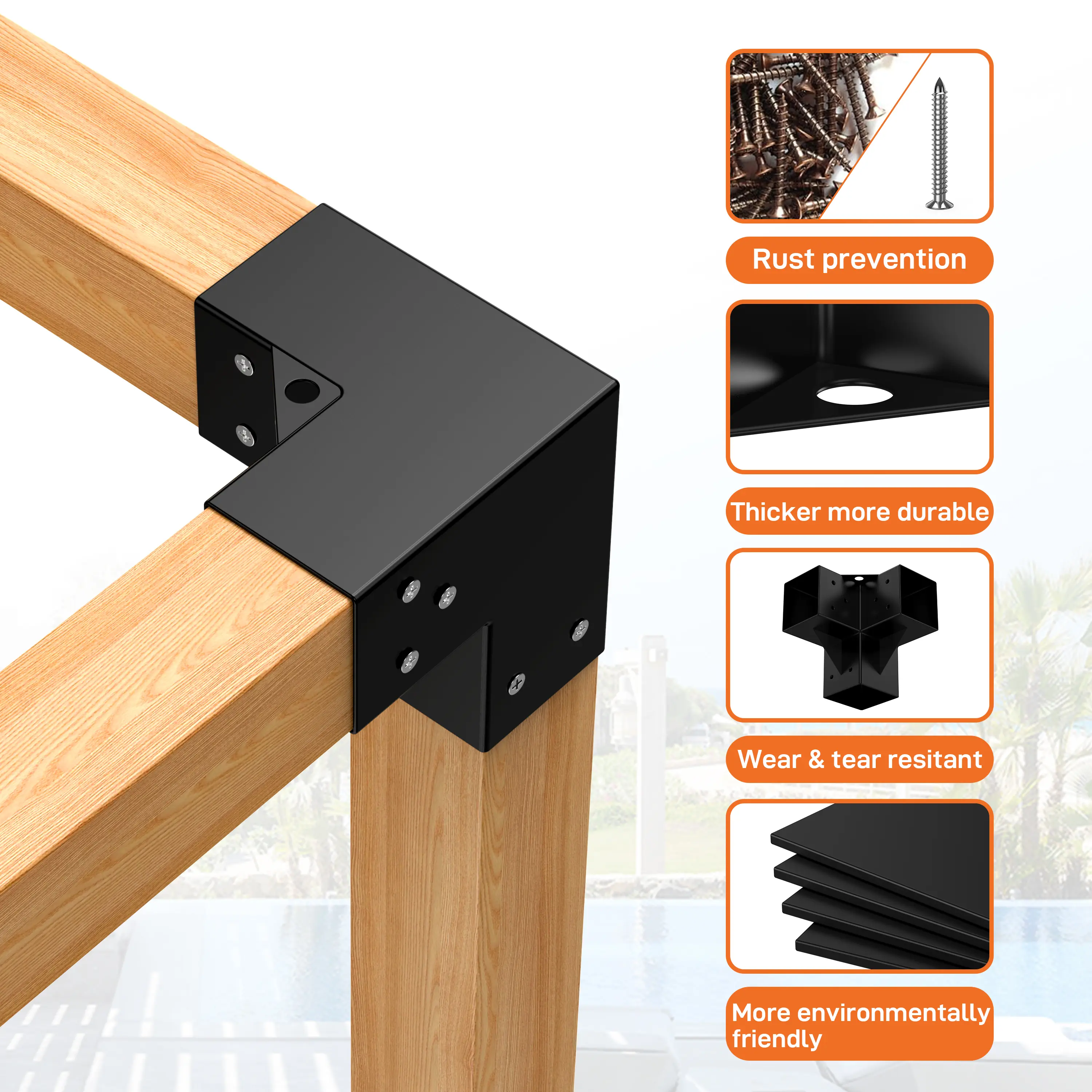 Heavy-Duty 6x6 Pergola Brackets Kit - 3-Way Corner Post Brackets with Pre-Drilled Holes - Rust & Corrosion Resistant Carbon Steel for Wooden Pergola/Gazebo Frame