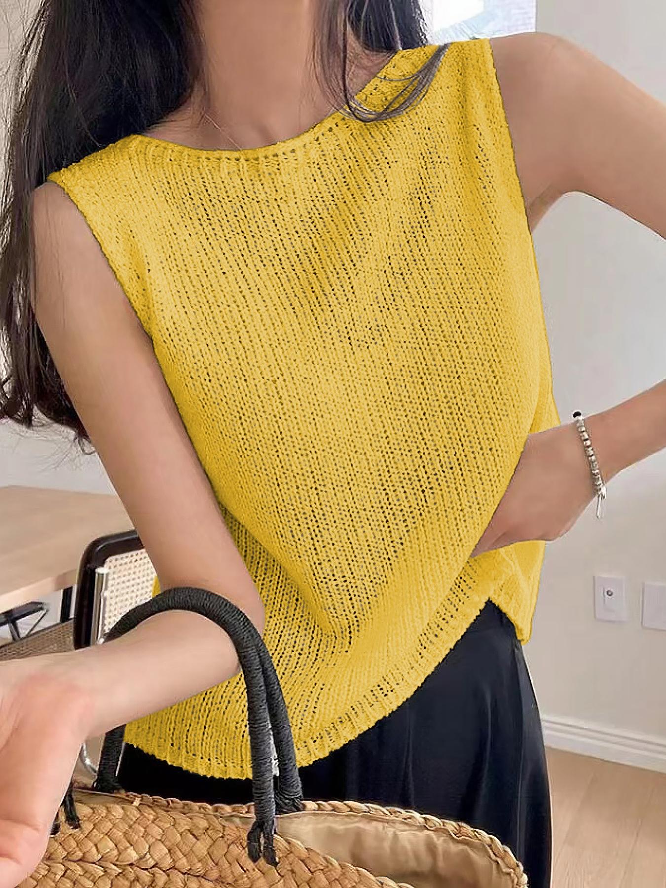 Women's Solid Round Neck Sweater Vest, Casual Sleeveless Knitwear Top for Spring & Summer, Women's Clothing for Daily Wear