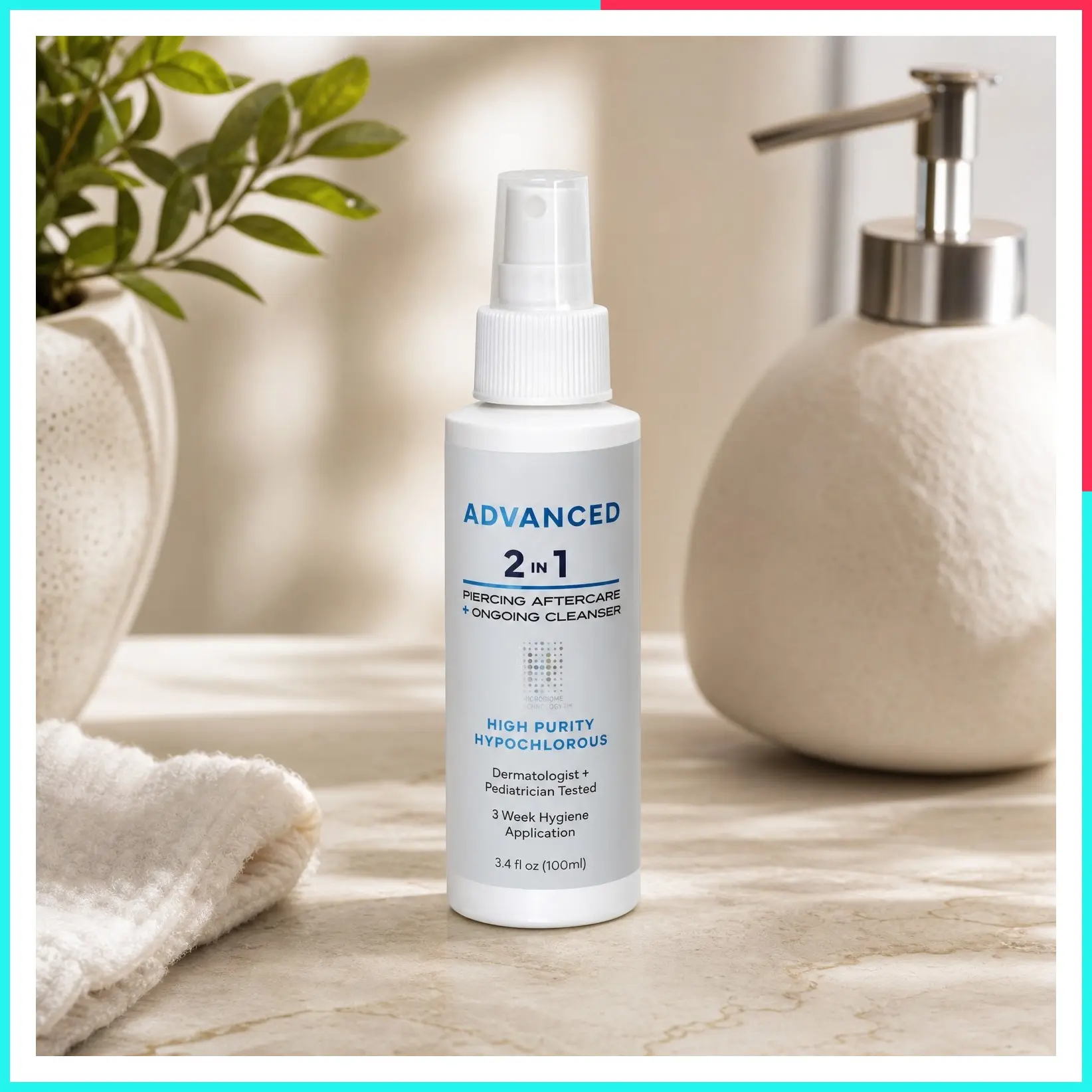 Advanced 2-in-1 Piercing Aftercare & Cleanser – Hypochlorous Spray for Body and Ear Piercing, Hypoallergenic Formula for Sensitive Skin (3.4oz)