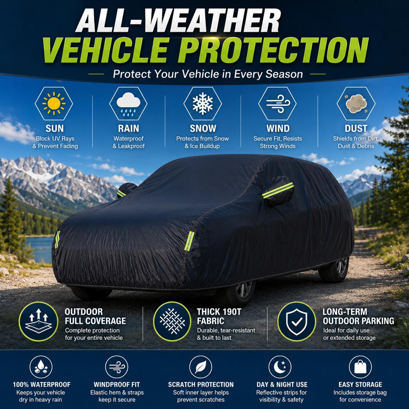 Weatherproof Car Cover with Reflective strip,Outdoor Full Coverage Heavy duty Thick Fabric (190t), Outdoor All Weather Windproof Scratch-Resistant,Heat-Resistant,Fits Various Cars,Dustproof UV protection car cover, Long-Term Outdoor Parking