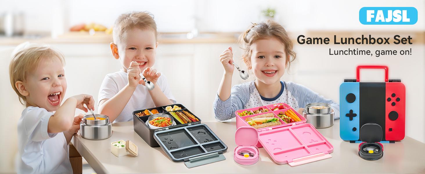 [Summervibes]Pawtong Game Bento Box for Kids, Lunch Box with Thermo(9oz Food Jar), Folding Spoon, Removable Divider & Sauce Cup, Lunch Box Kids for School,Travel, BPA-Free & Realistic Shape