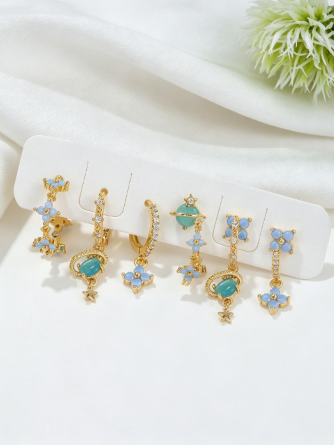6-Piece Copper Earring Set, Zircon Blue Imitation Opal Star Dangle Earrings, Stackable Flower Studs, Elegant Jewelry for Women