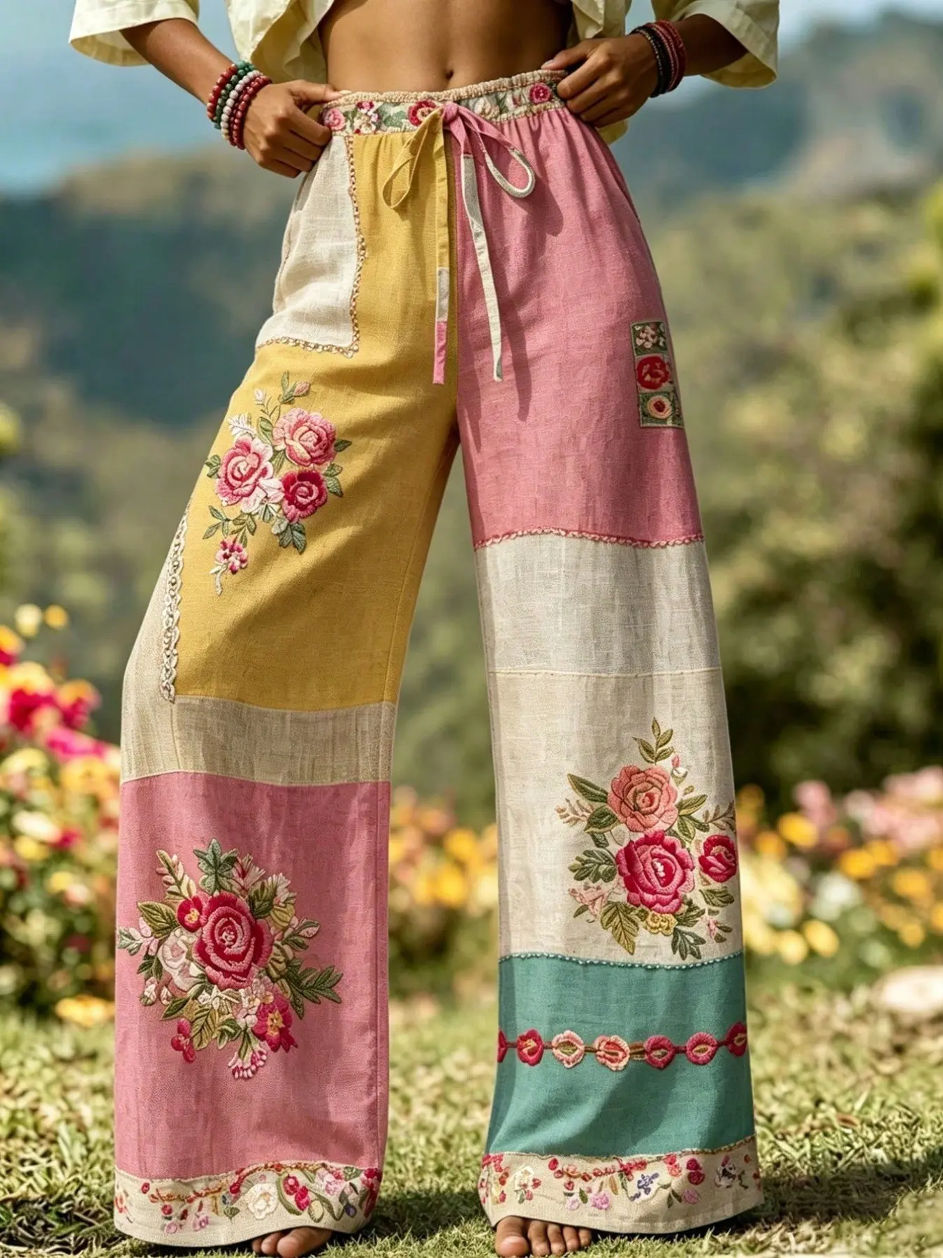 Women's Boho Floral Patchwork Wide Leg Pants, Elastic Waist with Adjustable Drawstring, Comfortable Fit, Easy to Wear