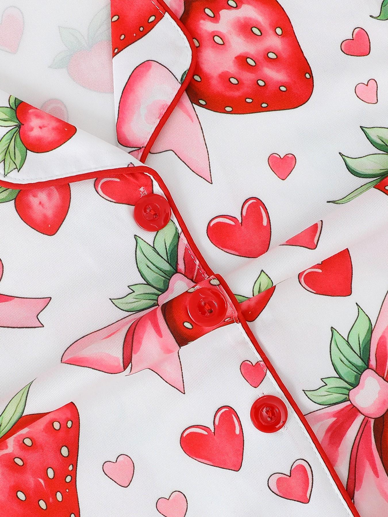 2-Piece Kids Pajama Set, Casual Strawberry Bow Heart Pattern, Fashion Open-Cardigan Short Sleeve Top and Shorts, Flame-Retardant Knit, All Seasons