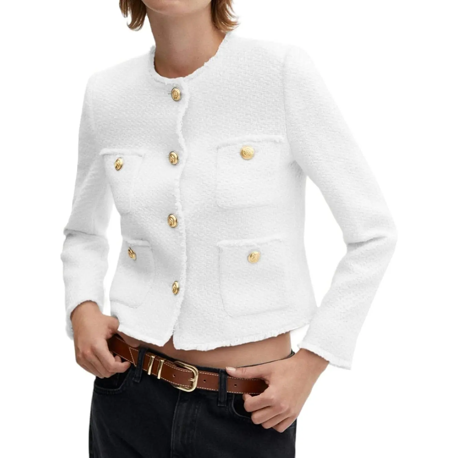 Tweed Blazers for Women 2025 Collarless Button Down Womens Cropped Jackets