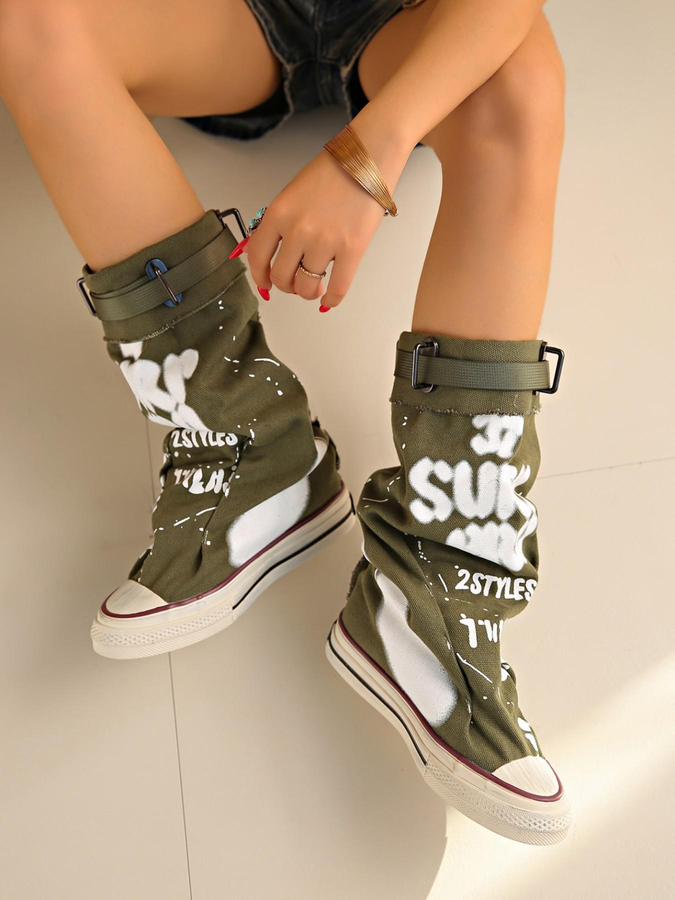New Women's Graffiti Print Canvas Mid-Calf Boots, Modern Boot, Buckle Strap, Foldable Stackable, Fashionable Above Ankle but Below Knee Boots