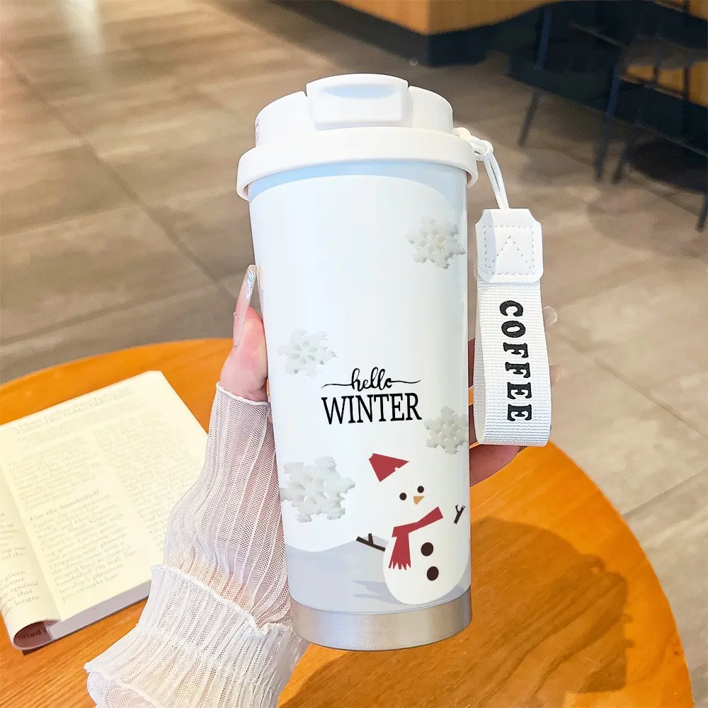 Winter Snowman Coffee Cup, 530ML Insulated Tumbler with Straw and Lid, Stainless Steel Vacuum Travel Mug, Office & Camping Use, Gift Idea