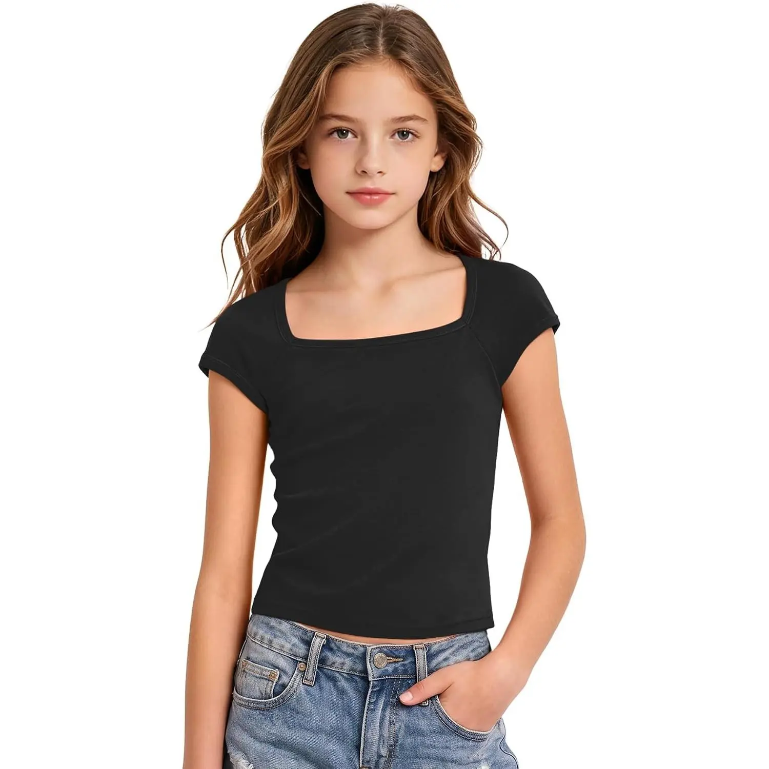 Cute Square Neck Slim Fit Crop Top Short Sleeve Cotton T-Shirt for Teen Girls TrendyGift