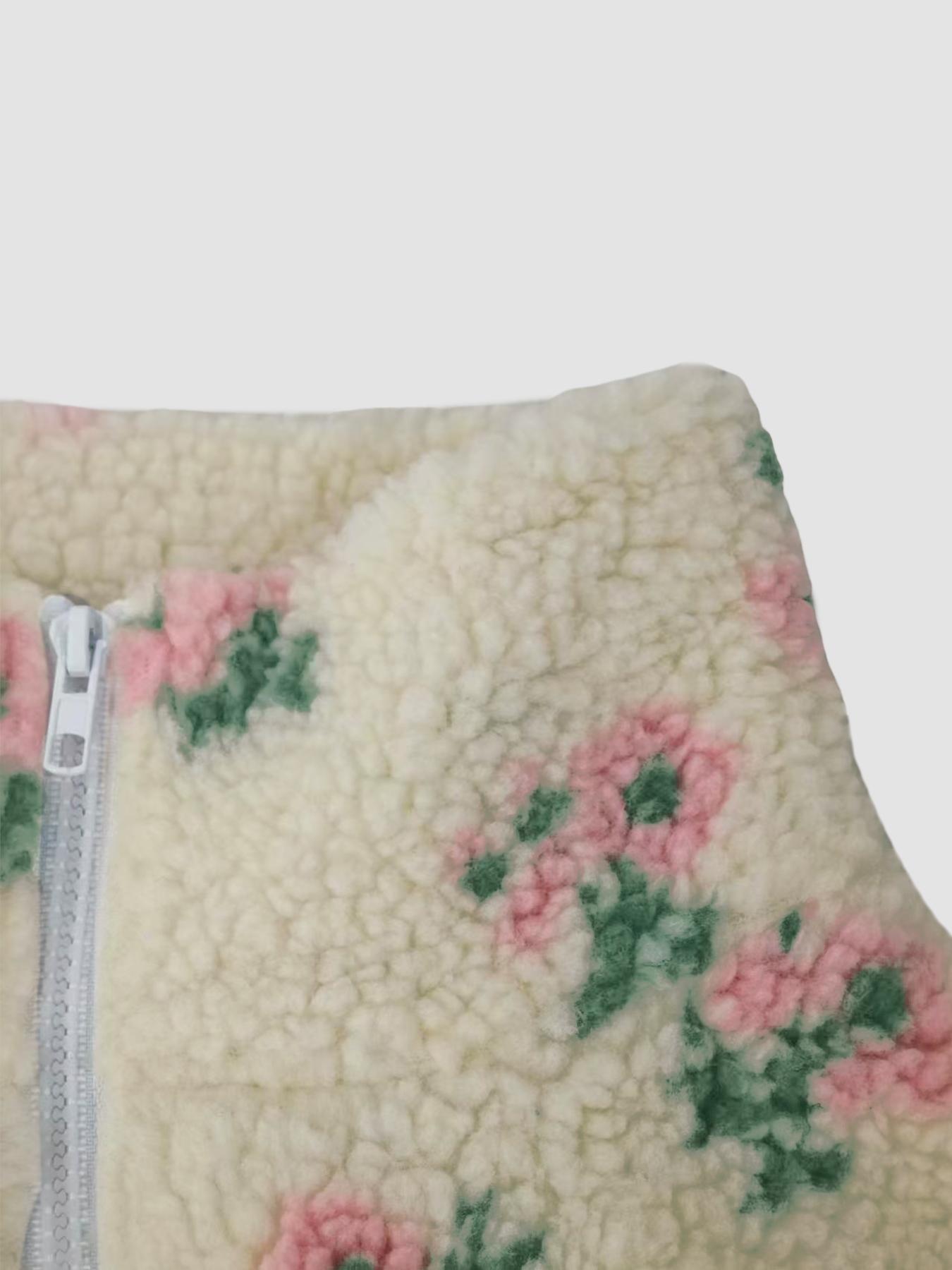 Women's Floral High Neck Zipper Fitted Jacket, Casual Fleece Lined Knit Coat, Long Sleeve Button Front Outerwear, Fall & Winter Fashion