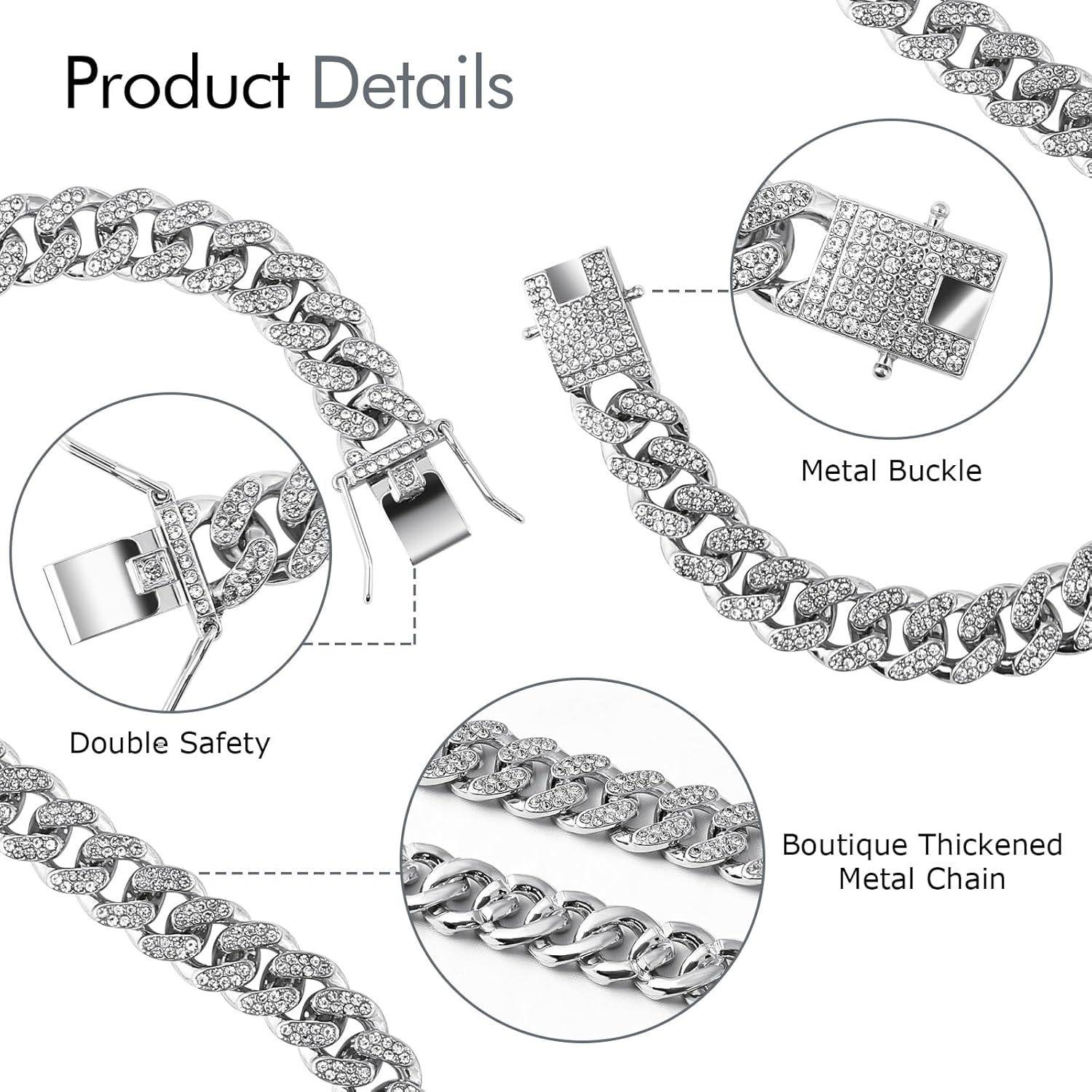 Silver Chain Collars for Large Dogs with Diamond ,Sparkly Bling Metal Cuban Link Dog Collars, Rhinestone Glitter  Necklace for Large Pet Dogs 24 inch